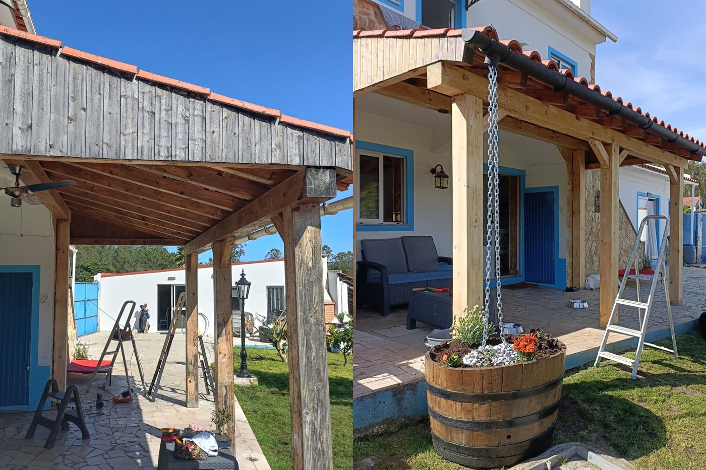 Before and after a Silver Coast outdoor pergola build &mdash; from raw timber framework to a finished covered terrace with planters and outdoor furniture